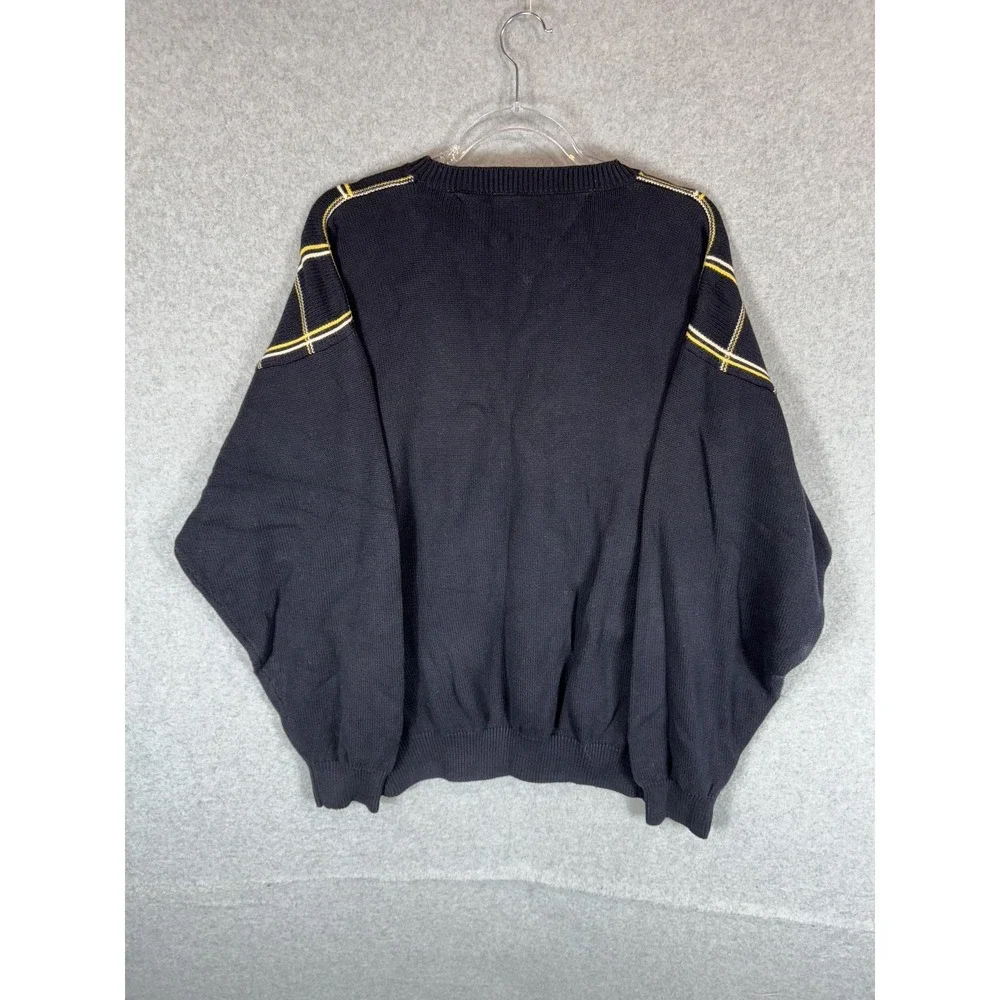 Tommy Hilfiger Sweater Mens XL Black Yellow Plaid Golf Crewneck Pullover Classic